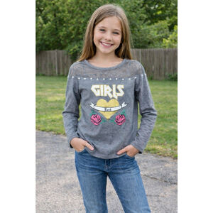 Girls Pony Tails Gray Long Sleeve Tee XL with Pink Roses